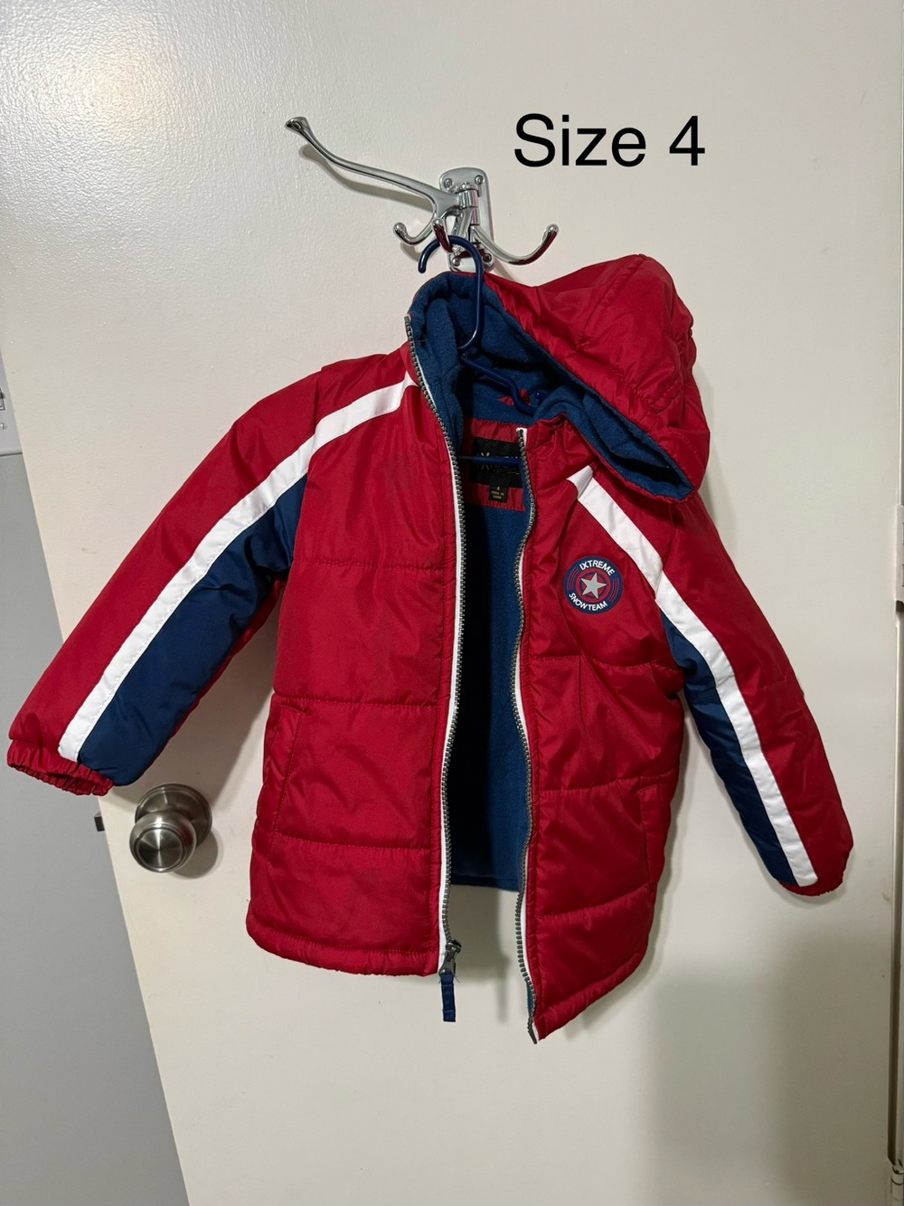 Red & Navy Hooded Puffer Jacket with Star Patch